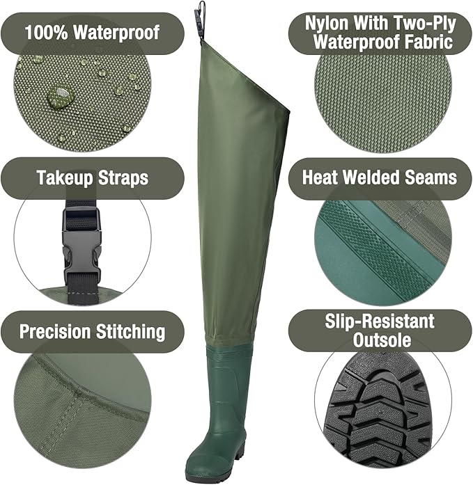 Hip Waders Waterproof Hip Boots Cleated 2-Ply Nylon/PVC Fishing Hip Wader