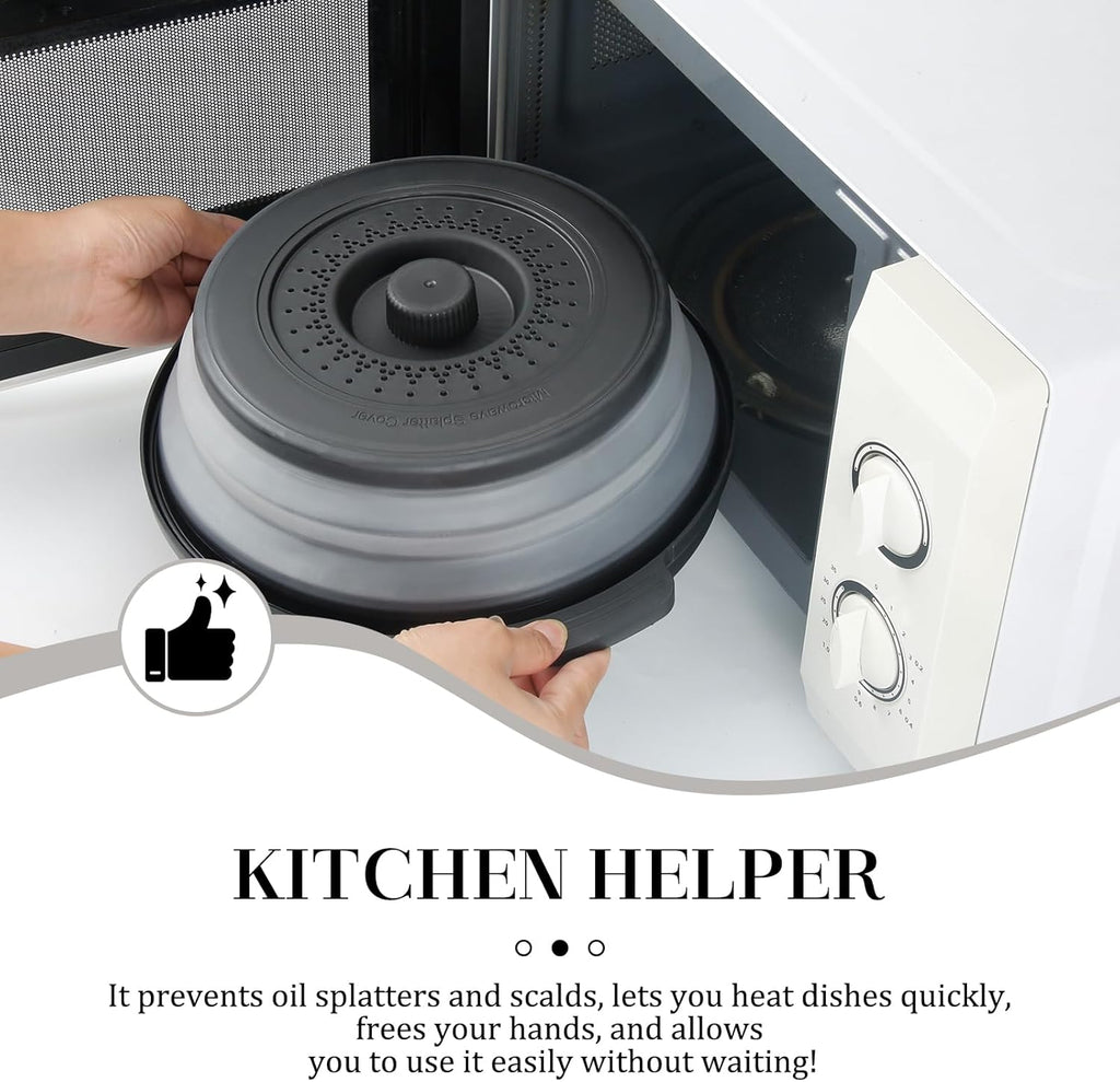 10.7 Inch Microwave Food Cover with Heat Insulation Mat, Anti-Scald Collapsible Microwave Splatter Cover, Multi-Functional as Colander & Fruit Plate, Dishwasher Safe, Ideal for Meal Prep (Black)