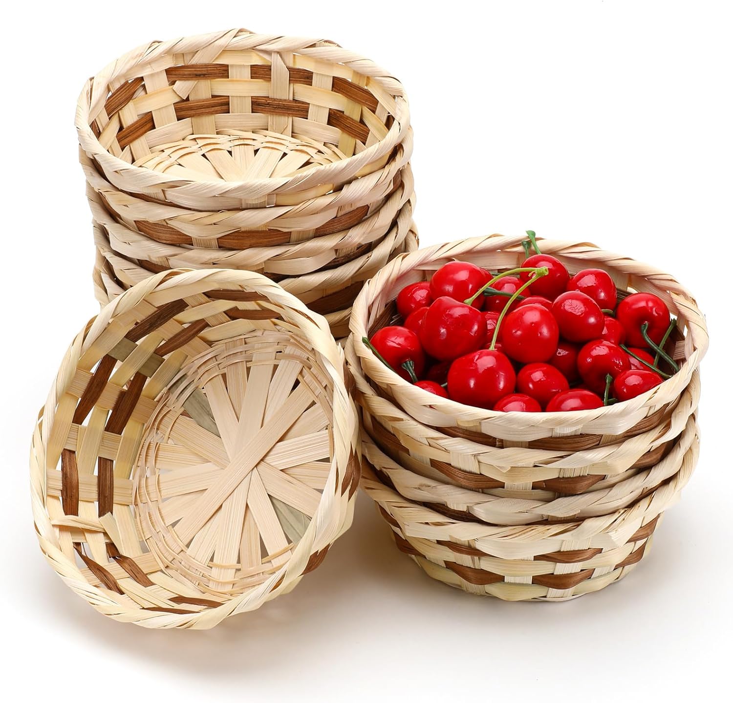 12 Pack Round Gift Baskets, 7" Small Bamboo Woven Bread & Fruit Baskets, Food Storage Serving Basket for Kitchen, Restaurant, Centerpiece Display, Party, Wedding