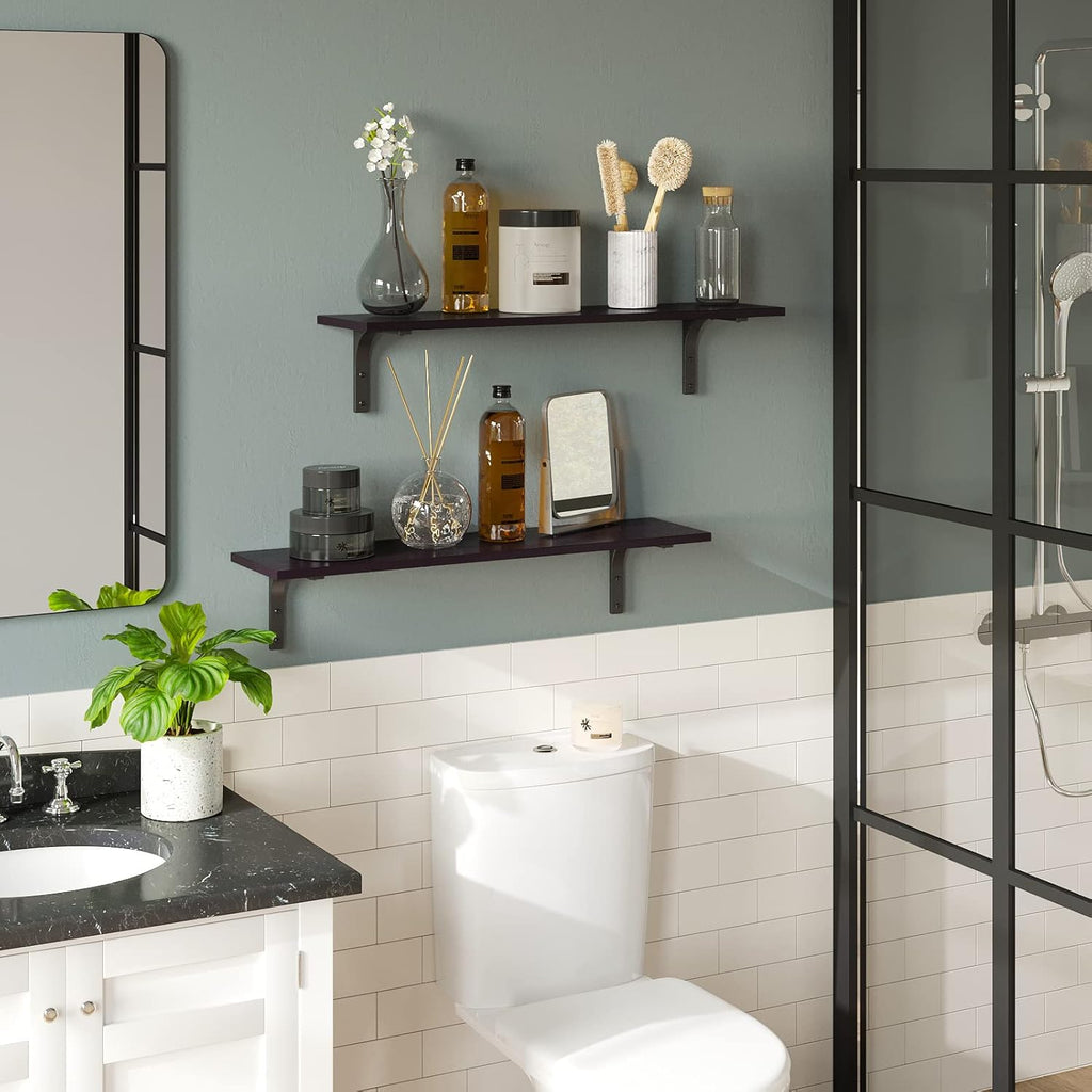 DINZI LVJ Long Wall Shelves, 31.5 Inch Wall Mounted Shelves Set of 2, Easy-to-Install, Floating Storage Ledges with Sturdy Metal Brackets for Living Room, Bathroom, Bedroom, Kitchen, Espresso