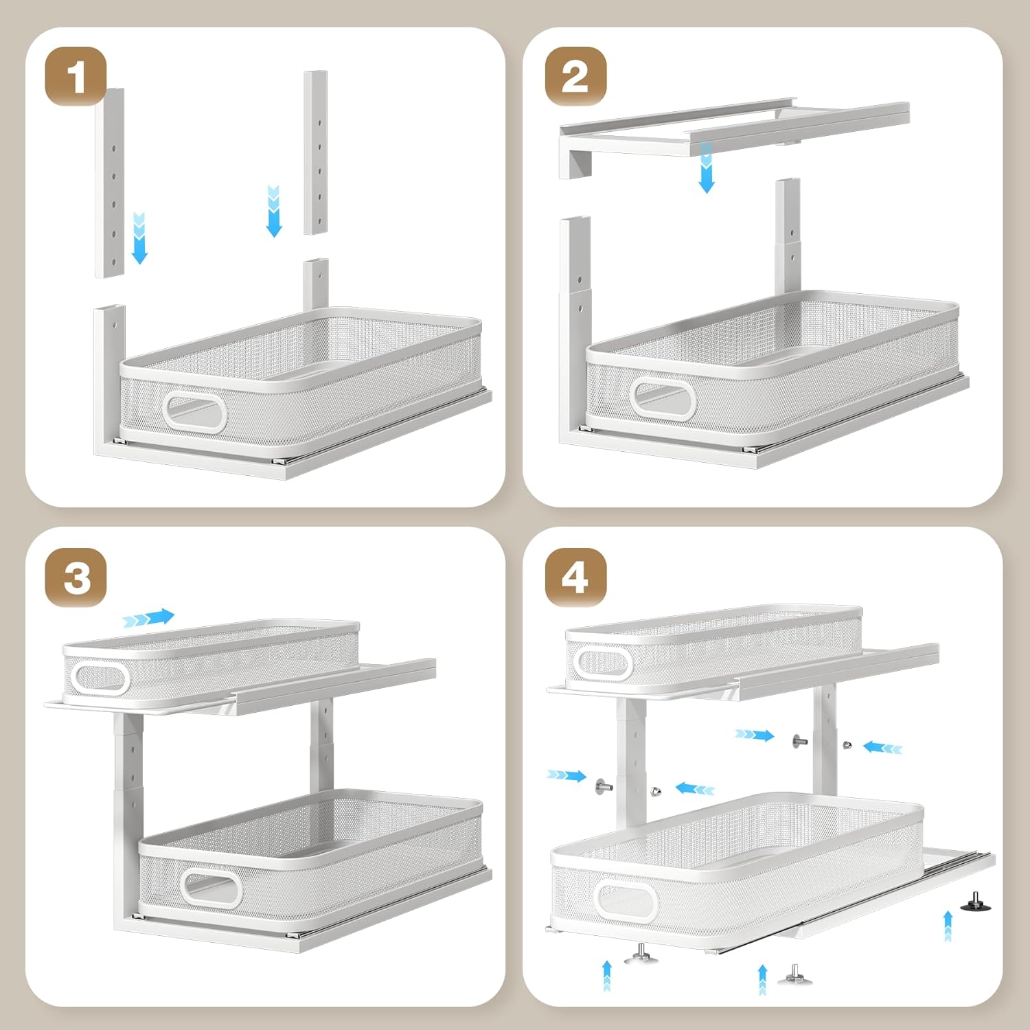 2 Pack 21IN-Depth Under Sink Organizer With Next-Gen Ball-Bearing Slides,2-Tier Precision Mesh Pull Out Cabinet Storage for Bathroom&Kitchen,Height Adjustable Drawers Shelf,Anti-rust-White