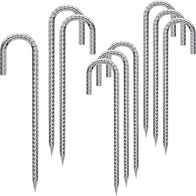 Rebar Stakes 12 Inch 10 Pack Tent Stakes Heavy Duty Metal J Hook, Fence Stakes for Trampoline, Fence, Camping Tent (9, J-16 x2/5")