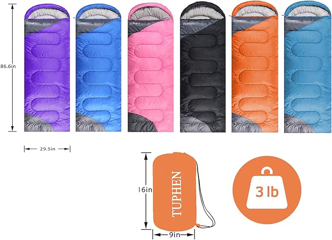 tuphen- Sleeping Bags for Adults Kids Boys Girls Backpacking Hiking Camping Microfiber Liner, Cold Warm Weather 4 Seasons Indoor Outdoor Use, Lightweight & Waterproof