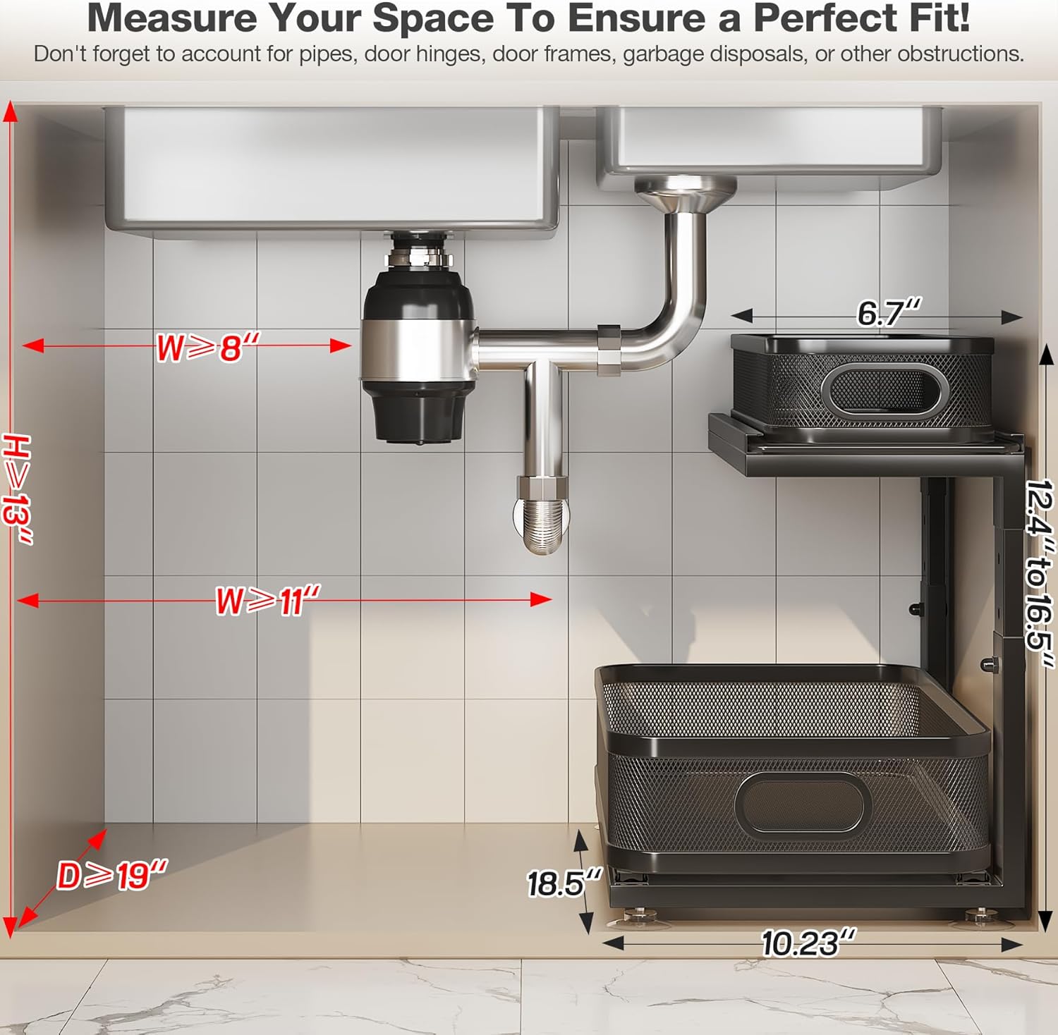 2 Pack 18.5IN-Depth Under Sink Organizer With Next-Gen Ball-Bearing Slides,2-Tier Precision Mesh Pull Out Cabinet Storage for Bathroom&Kitchen,Height Adjustable Drawers Shelf,Anti-rust-Black