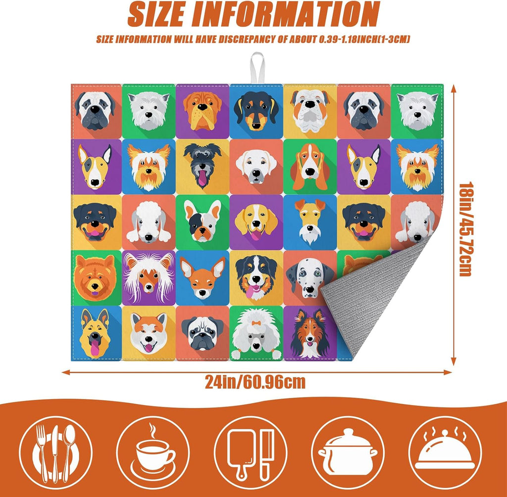 Cute Dogs Dish Drying Mat for Kitchen Counter Microfiber Absorbent Dish Kitchen Drying Mat Draining Reusable Washable for Dishes/Utensils/Counterto