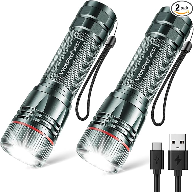 WdtPro Rechargeable Flashlights High Lumens, 2 Pack Super Bright LED Small Tactical EDC Flashlight with 10H Runtime, Portable Flash light for Camping, Home, Emergency Essentials Grey(Battery Included)