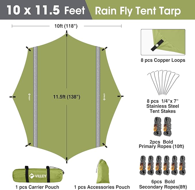 VILLEY Hammock Tent Rain Fly, Octagonal Waterproof Camping Tarp, Sun Shelter for Camping, Backpacking, Hiking, Accessory Includes Stakes, Ropes and Carry Bag (Green)