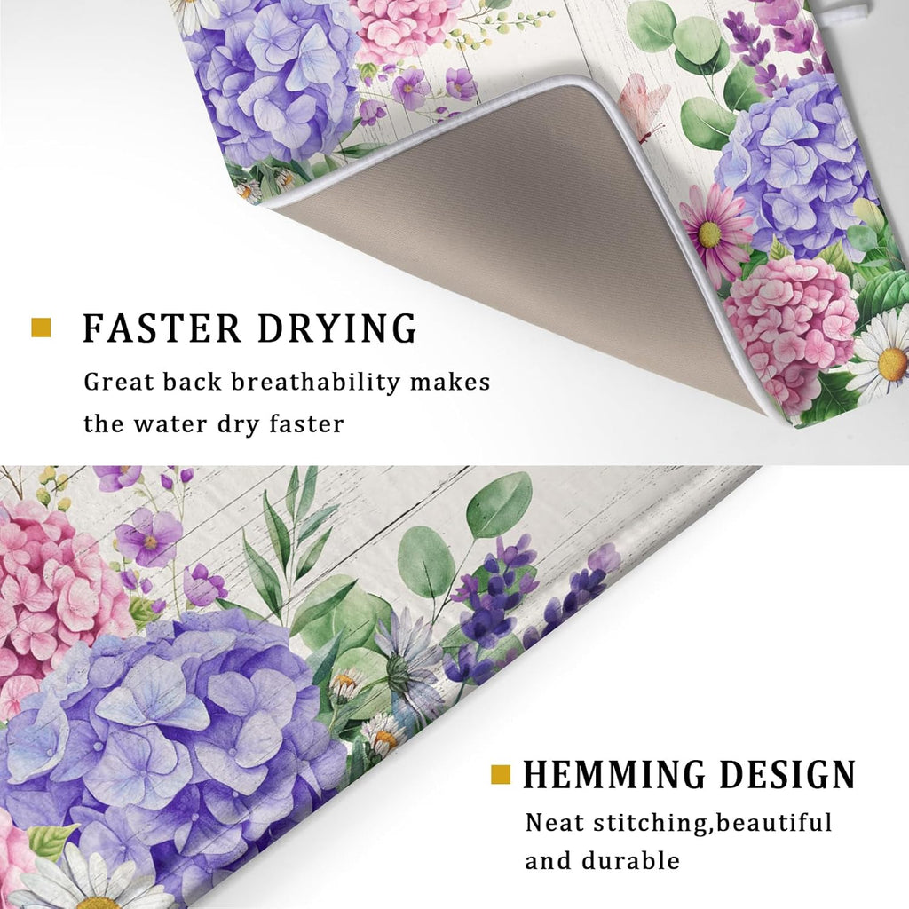 Hydrangea Floral Dish Drying Mat 18x24 inch Spring Summer Decorative Fast Dry Dishes Draining Mats Absorbent Microfiber Drainer Rack Pad