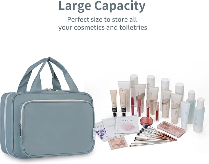 Travel Toiletry Bag for Women Large Hanging Makeup Bag Organizer Toiletries Bag for Full Size Essentials Accessories Cosmetics (Greyish Blue (Large))