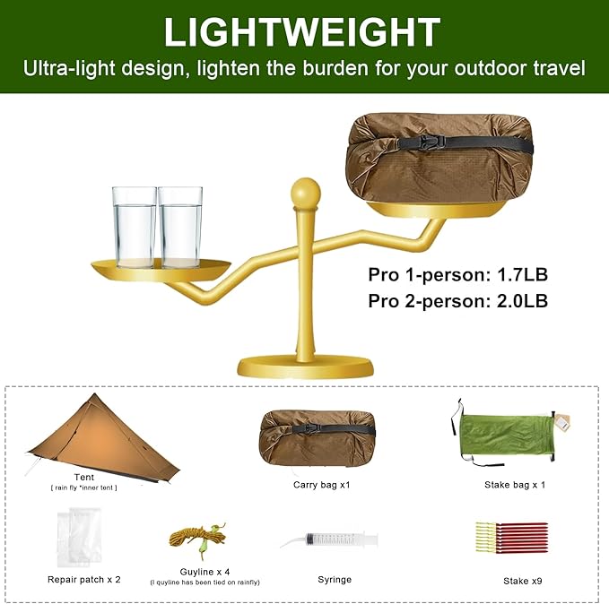 3F UL Gear Lanshan PRO Lanshan Ultralight Tent 3 Season Backpacking Tent for 1 Person, Waterproof Professional Tents for Camping, Trekking, Kayaking, Climbing, Hiking