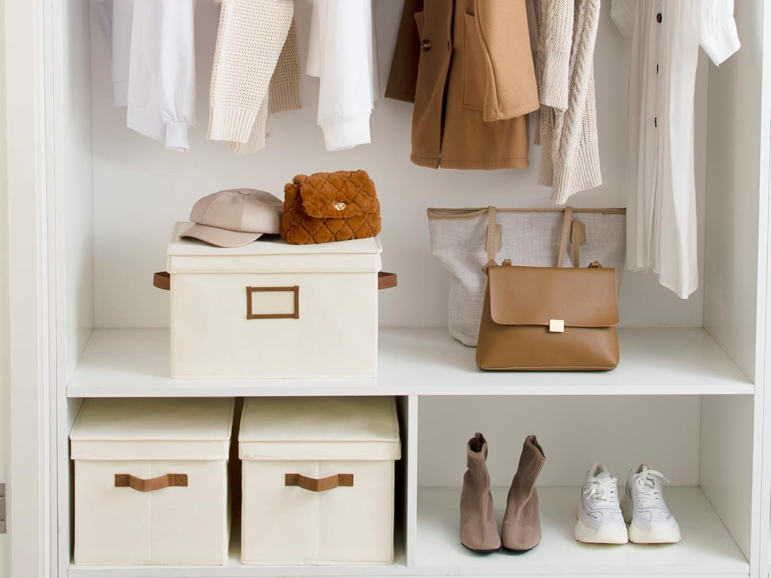 StorageWorks Storage Bins with Lids, Decorative Storage Boxes with Lid and PU Handles, Foldable Storage Baskets for Closet, Shelves, Stackable, Ivory White, Jumbo, 3-Pack