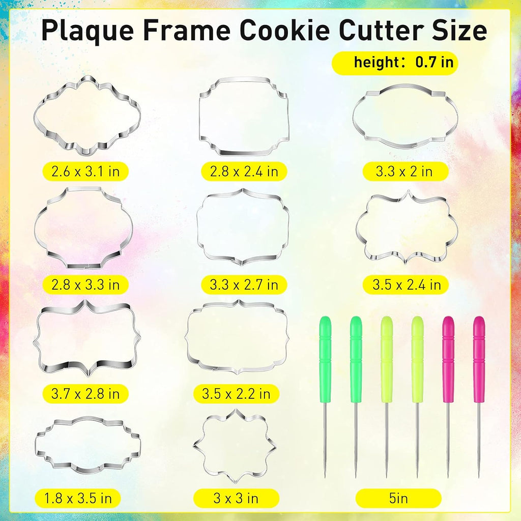 10 Pieces Plaque Frame Cookie Cutter Stainless Steel Biscuit Cutter Fondant Cake Decorating Tools and 6 Pieces Sugar Stirring Pins for Kitchen Baking