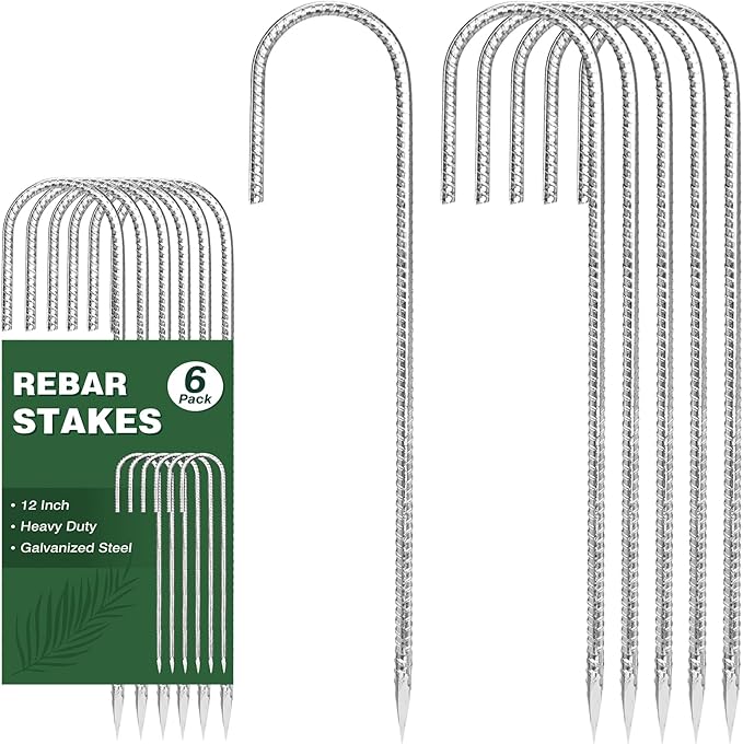 CEWOR 6 Pack 12 Inch Rebar Stakes, J Hook Tent Stakes Heavy Duty Long Galvanized Ground Anchors Metal Spikes Landscape Yard Stakes for Signs, Trampoline, Chain Link Fence, Outdoor Decoration