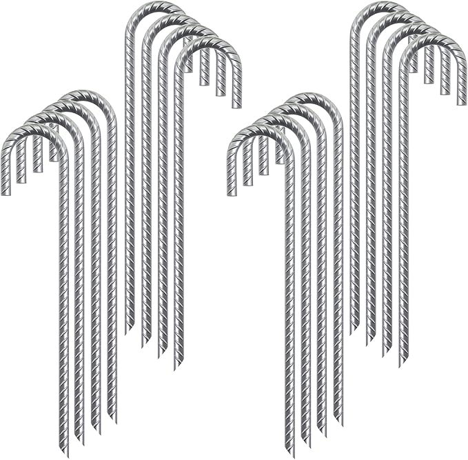 Rebar Stakes 12 Inch 16 Pack Tent Stakes Heavy Duty Metal J Hook, Fence Stakes for Trampoline, Fence, Camping Tent (16, J-12 x5/16)