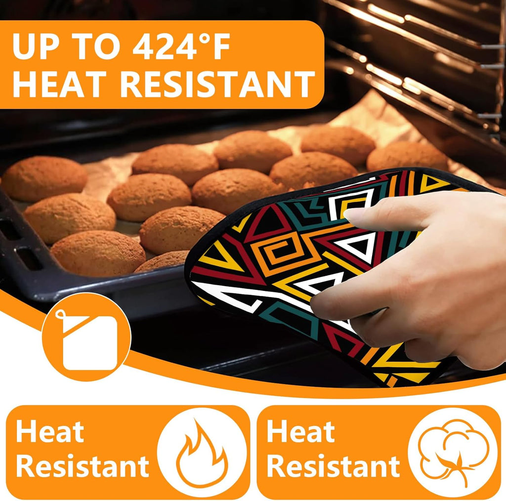 African Geometric Oven Mitts and Pot Holders Sets 4Pcs,Extra Long Oven Gloves Potholder for Kitchen Cooking Baking BBQ 100% Cotton Heat Resistant