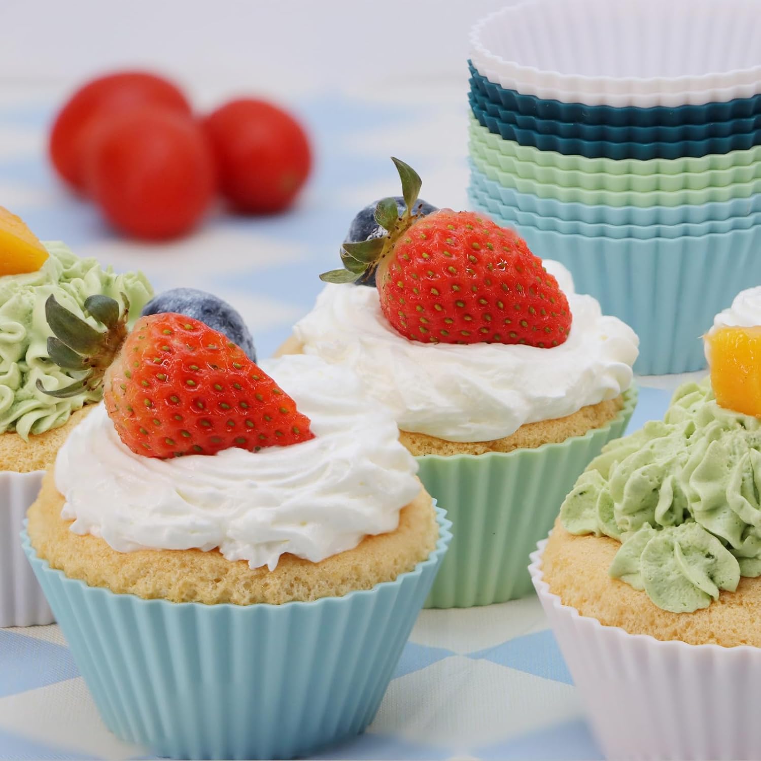 Silicone Baking Muffin Cups 12 Pack, Reusable Cupcake Liners Cake Molds, BPA Free, Dishwasher Safe(White, Green, Navy, Dusty Blue)