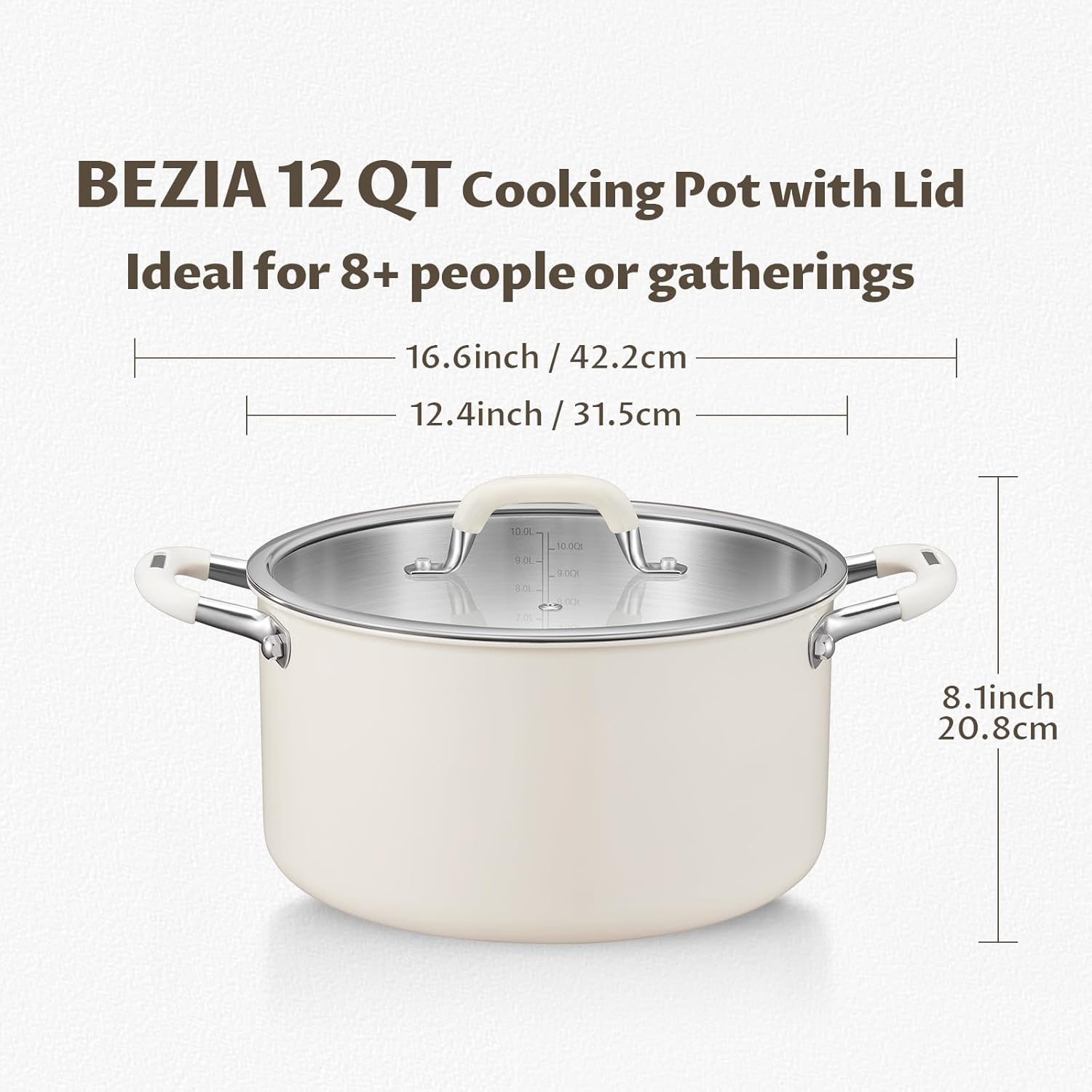 12 Quart Pot with Lid, BEZIA Tri-Ply Stainless Steel Stock Pots, Large Cooking Pots with Silicone Handle, Soup Pot for Induction Cooktop, Compatible with All Cooktops, Dishwasher Safe
