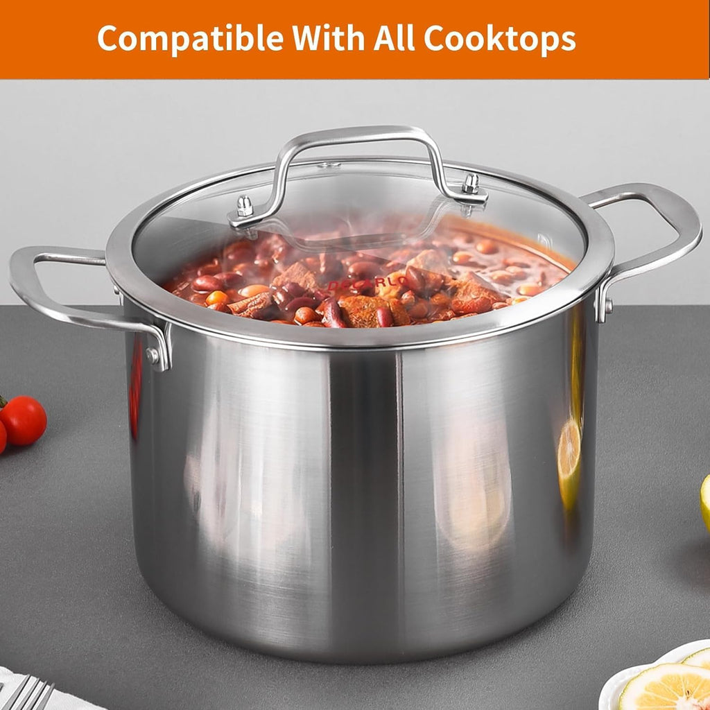 DELARLO Tri-ply Stainless Steel 20QT Stock Pot, Compatible with All Stoves Up to 600℉, 18/10 Induction Big Cooking Pot with Lid, Fast & Even Heating, Durable Large Soup Pot