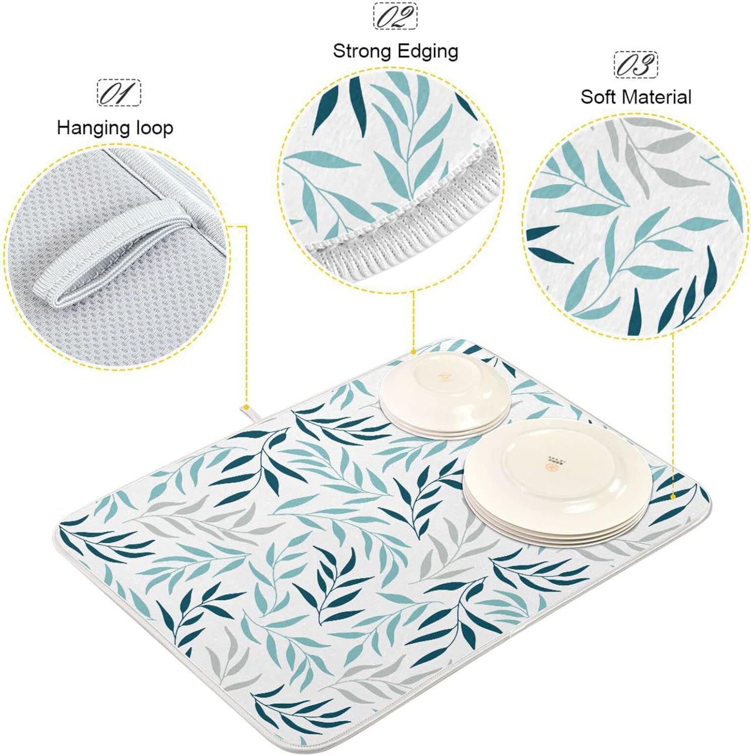 Blue Grey Olive Leaves Dish Drying Mat for Kitchen Counter Absorbent Microfiber Drying Pad, Medium 16x18 in, Reversible Drainer Mats