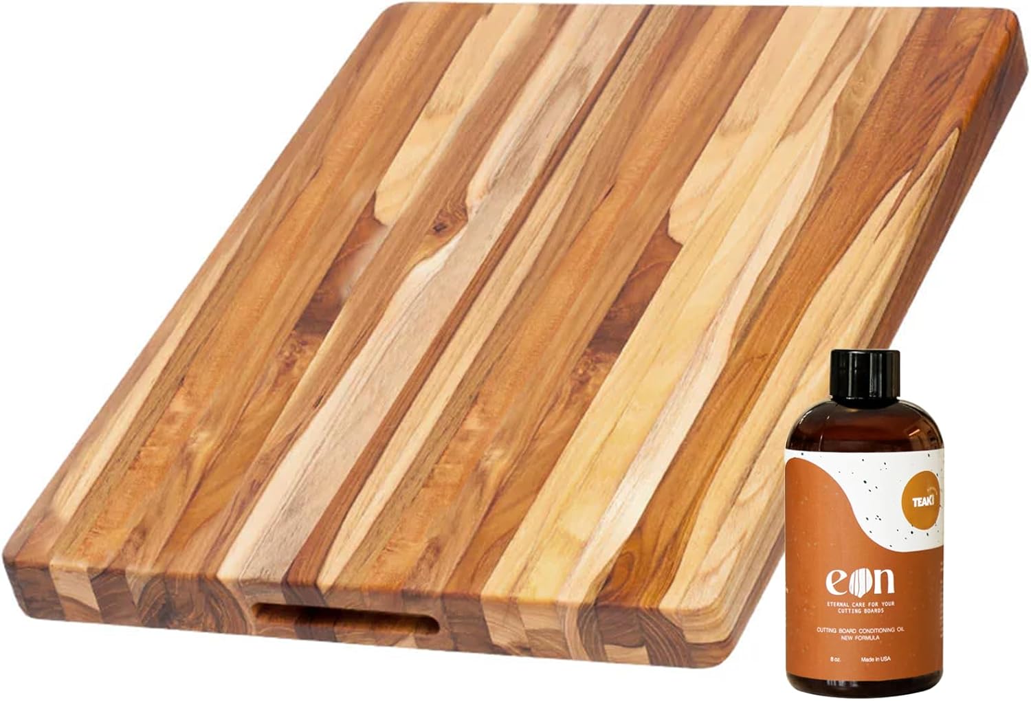 Teakhaus Carving Board and Cutting Board Oil Set - Includes Medium (M) Wood Cutting Board with Grip Handles and EON Food Grade Mineral Oil - Knife-Friendly - FSC Certified