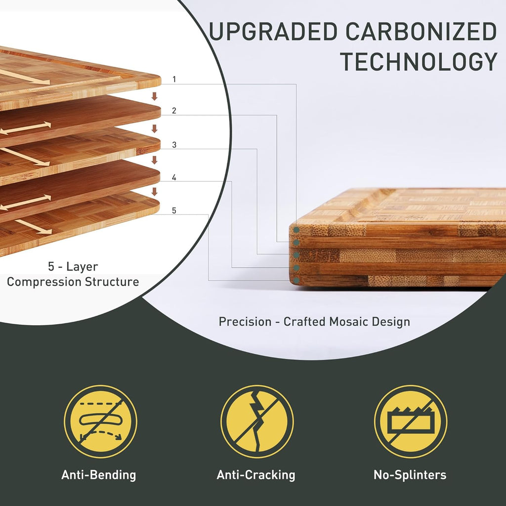 2 Pack Heavy Duty Bamboo Cutting Board Set Non Slip Over Sink Solid End Grain Thick Wood Chopping Board Extra Large Big Small Best Organic Hardwood Wooden Kitchen Essential New Home Housewarming Gift