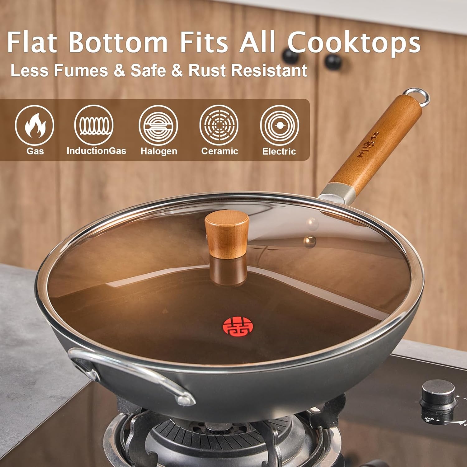 WANGYUANJI Iron Wok,14.2 inch Woks for Stir-fry, Chinese Stir Fry Pan Uncoated, Traditional Flat Bottom Iron Pot for Induction, Electric, Gas, Suitable for All Stoves(Pure Iron Wok)