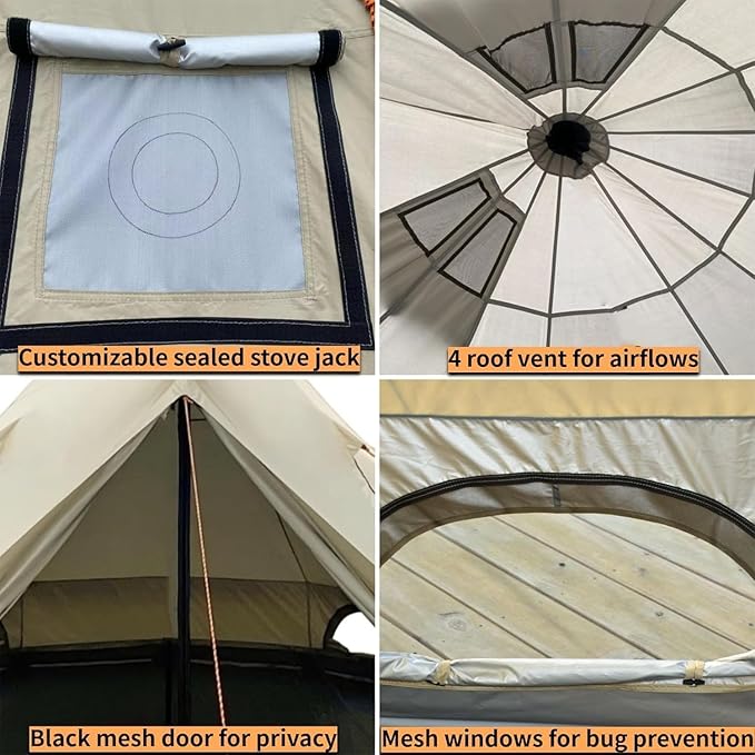 DANCHEL OUTDOOR B2A Waterproof Roomy Interior Yurt Tent, No Center Pole Bell Tent 4/8 Person Family Camping Glamping, 4 Season Hot Tents with Stove Jack 300D Oxford Nylon, 13ft/16.4ft Khaki