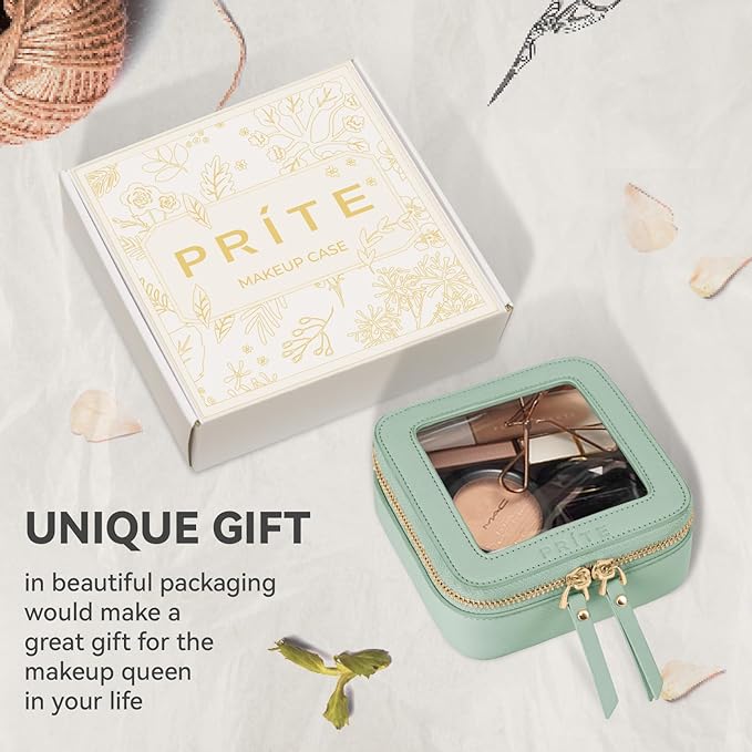 Prite Small Makeup Bag for Women Portable Clear Makeup Bag Cute Mini Waterproof Travel Cosmetic Bag with Gold Zipper for Car Essentials(Green)