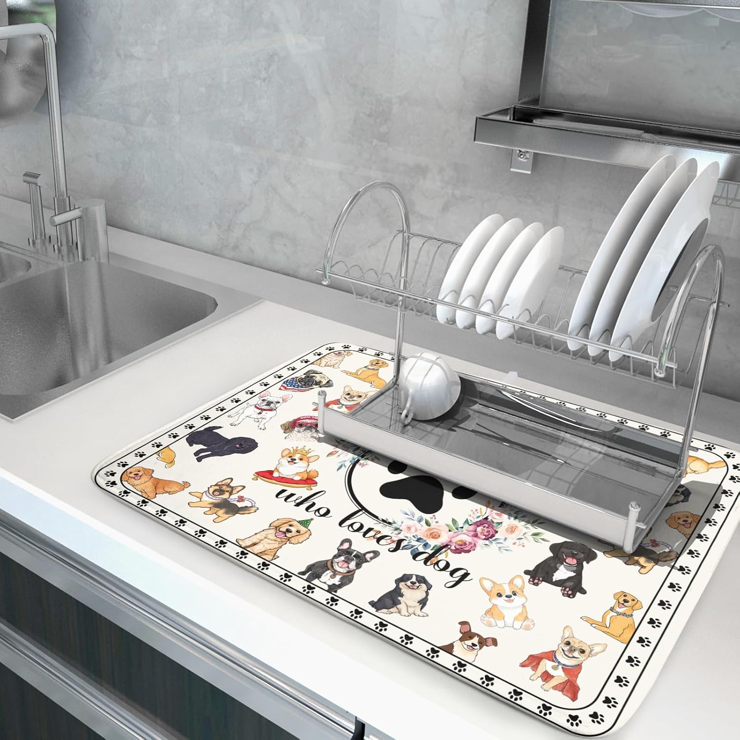 Dog Family Dish Drying Mat Cartoon Pet 18 X 24 in Absorbent Printed Drying Pad for Dog Lover