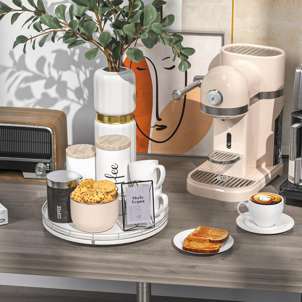 12" Oak Wood Lazy Susan Organizer, Lazy Susan for Cabinet Dining Table Pantry Wood Turntable Organizer Tray for Coffee Table Kitchen Countertop Salt Spice Can Organization and Storage Round Silver