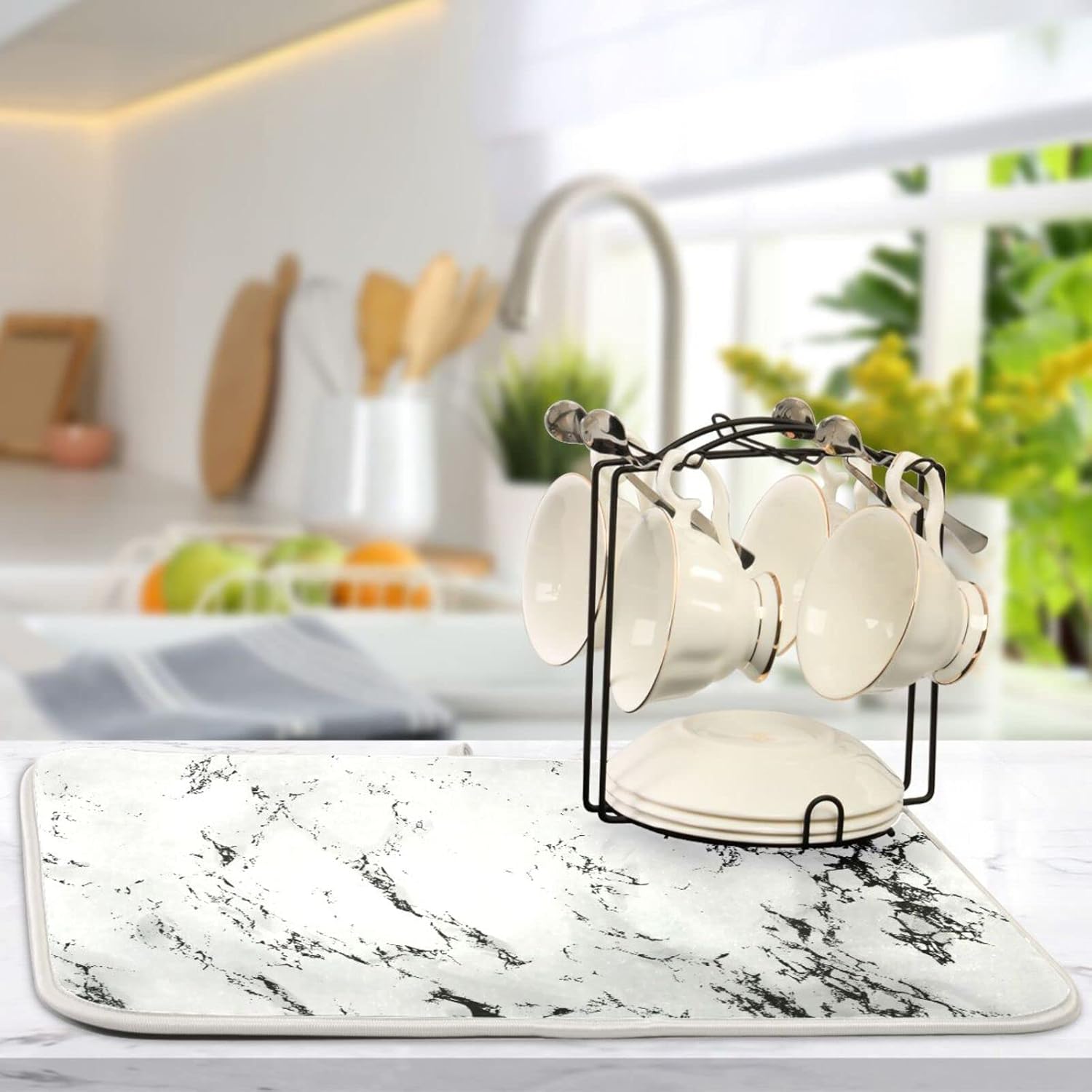 Super Absorbent Dish Drying Mat, Microfiber Fast-Drying Dish Mat, 24" x 18", Kitchen Dish Drying Pad, White Marble