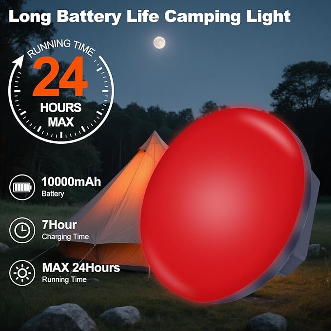 2025 Red Light Insect-Proof Camping Lamp10000mAh Rechargeable 3000LM Tent Camping Light, 6500K 24Hours Long Play Time , Outdoor Night Market Night Fishing Lantern