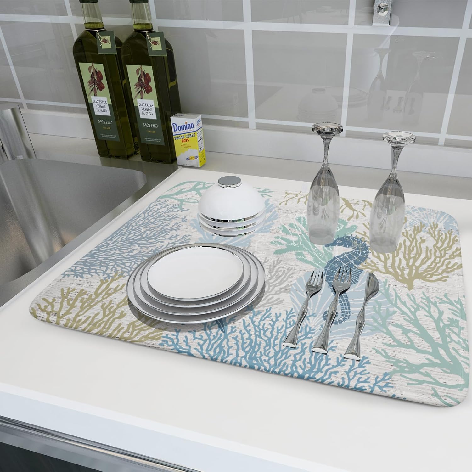 Blue Coral Dish Drying Mat Coastal Starfish Dishes Pad Hanging Drainer Mats Reversible Absorbent Kitchen Counter Protector 18x24 Inch