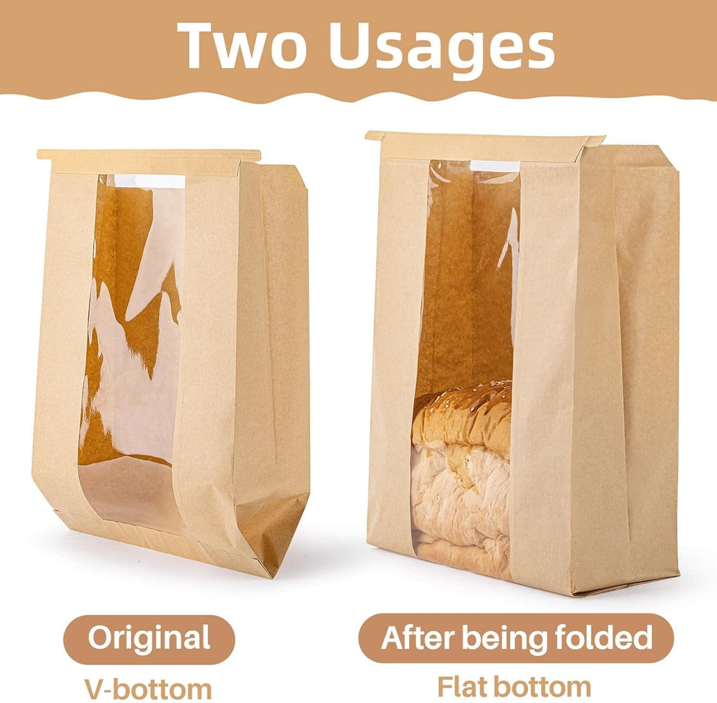 24 Bread Bags with Reusable Ties - Homemade Sourdough Bread Storage Bags Brown Paper Bagel Loaf Bakery Bags with Window Toast Bags with Resealable Ties Disposable Baked Goods Sale Packaging