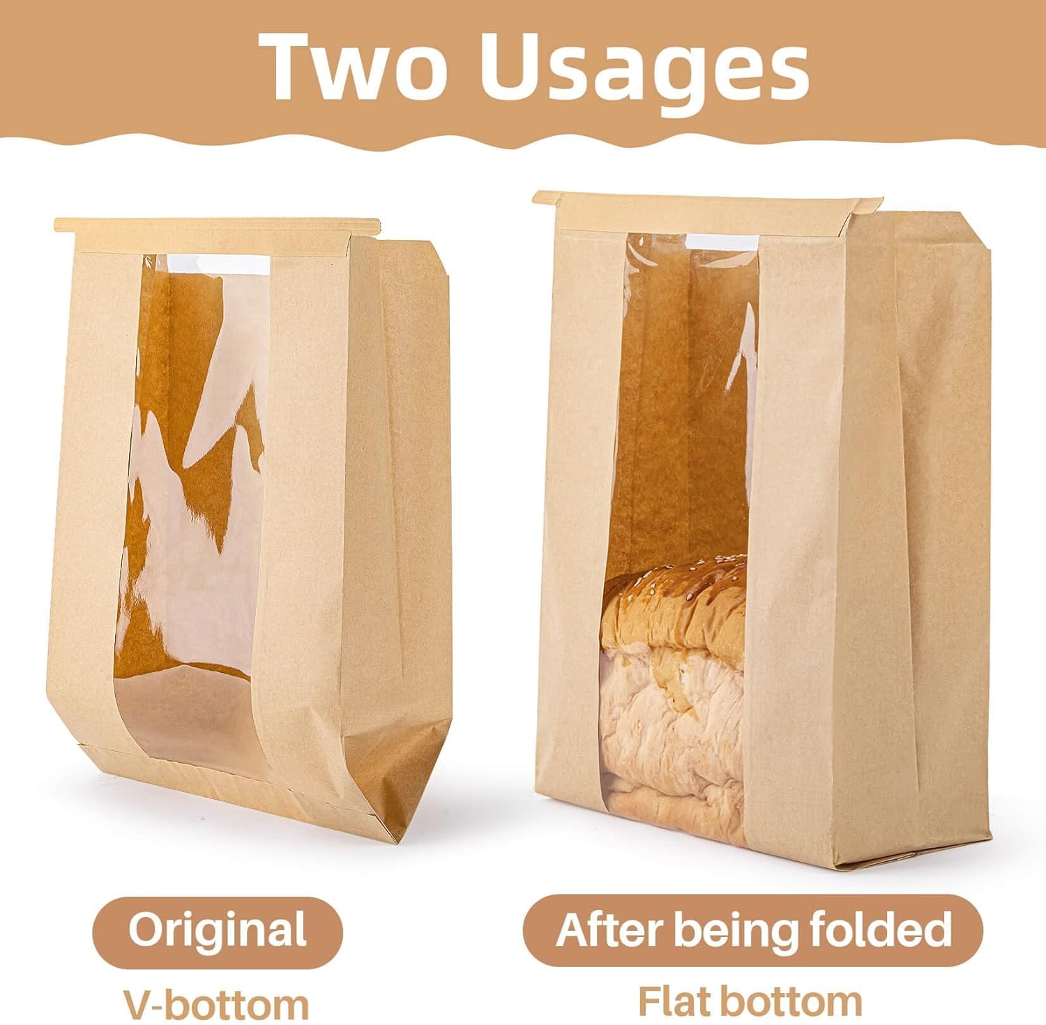 100Pcs Bread Bags with Reusable Ties - Homemade Sourdough Bread Storage Bags Brown Paper Bagel Loaf Bakery Bags with Window Toast Bags with Resealable Tie Disposable Baked Goods Sale Packaging