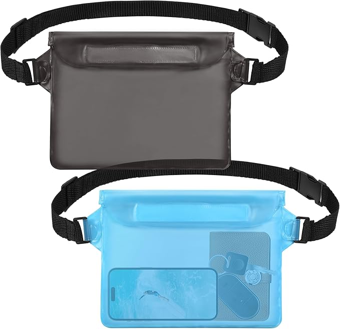 2-Pack Waterproof Pouch with Adjustable Waist Strap, Waterproof Dry Bag, Keeps Cell Phones and Valuables Safe and Dry, Perfect for Kayaking, Beach, Camping and Swimming (Black)