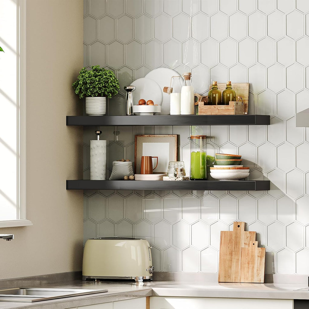 HOOBRO Floating Shelves for Wall, Wall Mounted Shelf Set of 2, 31.5" Hanging Shelf with Invisible Brackets, for Wall in Bathroom, Bedroom, Toilet, Kitchen, Living Room, Office, Black BK80BJP201