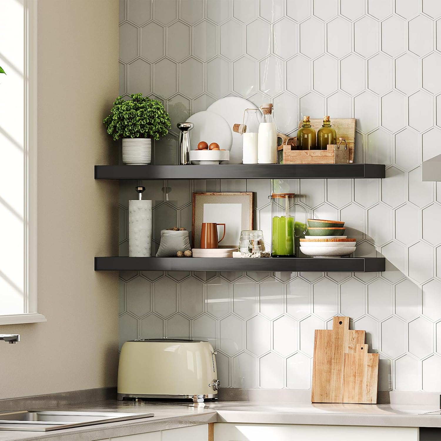 HOOBRO Floating Shelves for Wall, Wall Mounted Shelf Set of 2, 31.5" Hanging Shelf with Invisible Brackets, for Wall in Bathroom, Bedroom, Toilet, Kitchen, Living Room, Office, Black BK80BJP201