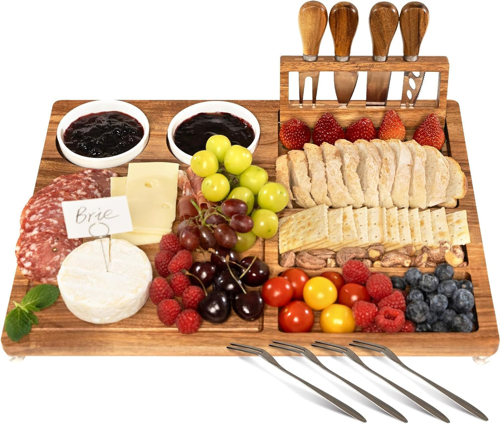 eleganlife Charcuterie Boards Set with Knives, Acacia Cheese Board Large, Charcuterie Platters with Compartments, Serving Boards Gifts for Wedding, Birthday and Housewarming Party