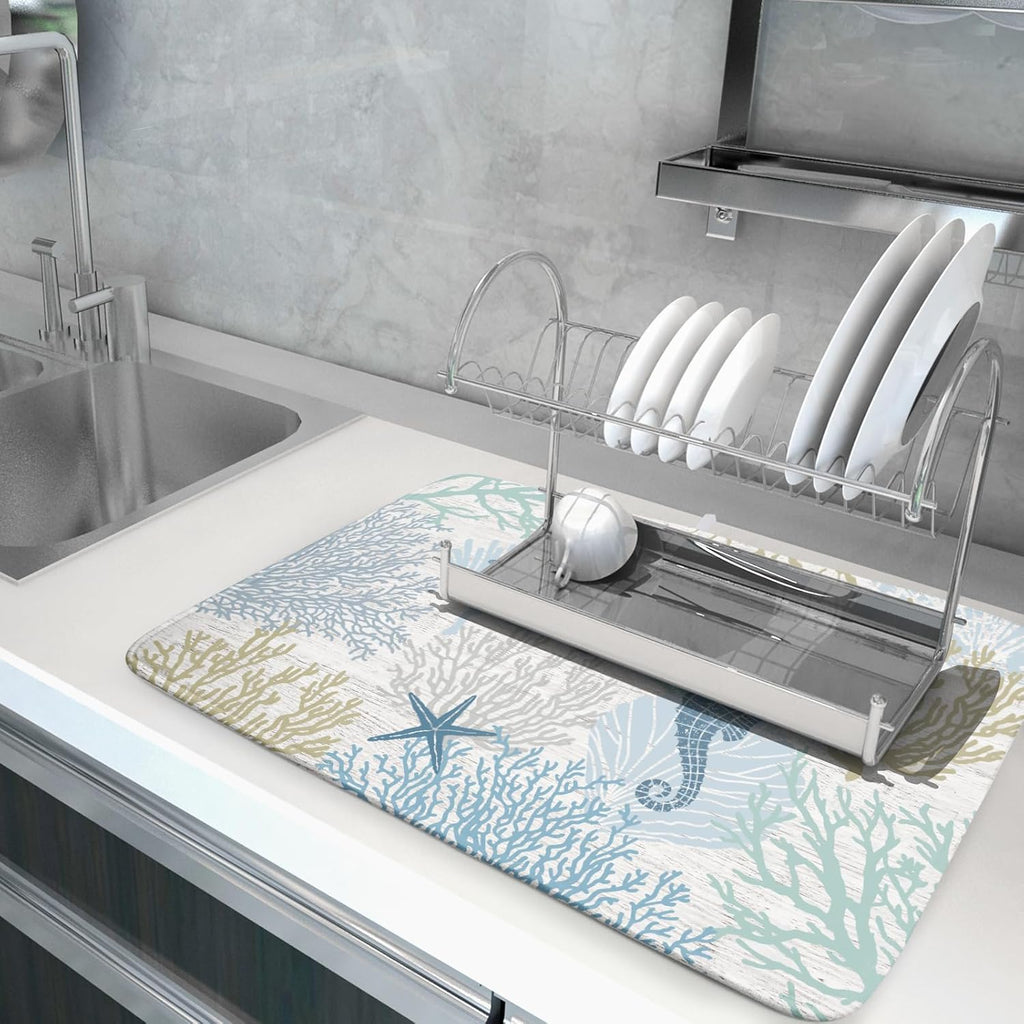 Blue Coral Dish Drying Mat Coastal Starfish Dishes Pad Hanging Drainer Mats Reversible Absorbent Kitchen Counter Protector 18x24 Inch