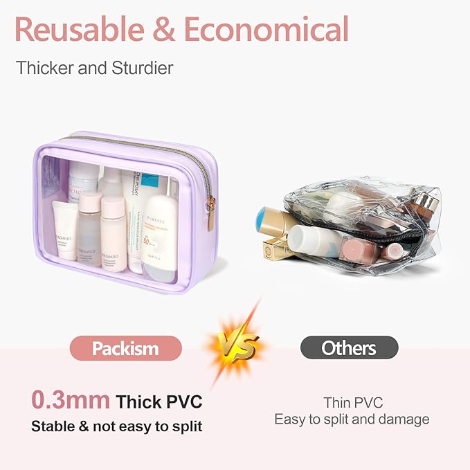 PACKISM TSA Approved Toiletry Bag - Amazing Color-Edged Clear Makeup Bag, 3 Pack in Spacious Space, Reusable Clear Toiletry Bags with Great Value, Purple