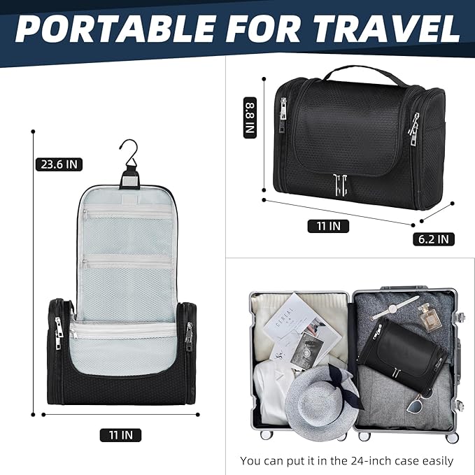 Buruis Large Capacity Toiletry Bag for Women and Men, Hanging Toiletry Organizer Cosmetics Makeup Bag, Water-resistant Dopp Kit Shaving Bags for Full Sized Toiletries, Travel Essentials (Black)