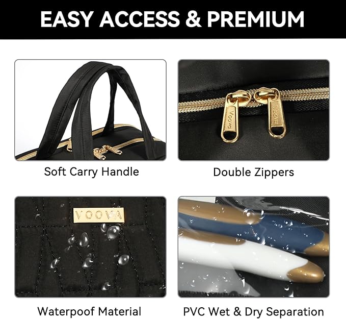 Voova Hanging Travel Toiletry Bag for Women Men, Waterproof Makeup Cosmetic Organizer Holder for Toiletries Accessories, Traveling Essentials,Shampoo,Full-Sized Container, Brushes Kit Set, Black