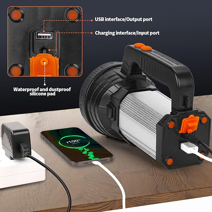 Superbright Handheld LED Spotlight Flashlight Powerful Searchlight USB Rechargeable Lantern Waterproof Tactical Torch Portable 6 Light Modes Side Floodlight (Yellow Light)