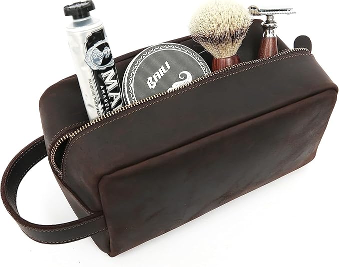 Leather Toiletry Bag for Men Travel Shaving Dopp Kit-Large Cosmetic Bags Toiletries Bathroom Organizer