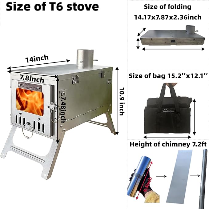 DANCHEL OUTDOOR T6 Ultralight Titanium Wood Stove for Camping Backpacking, 4.4lbs Folding Hot Tent Stove with 7.2ft Chimney Pipe, Easy Setup for Solo Survival, Cooking