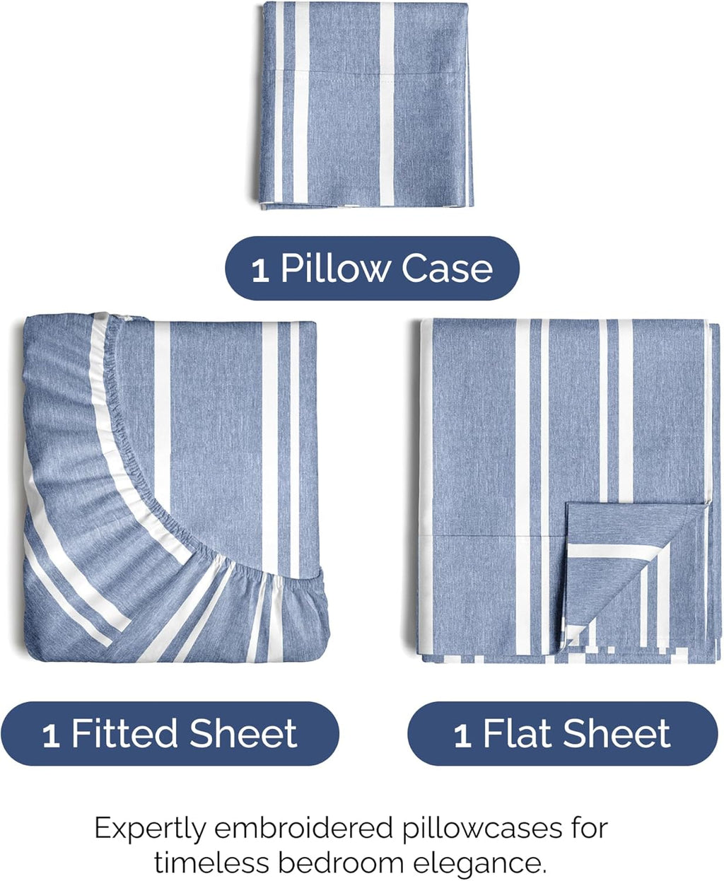 Twin Size 3 Piece Sheet Set - Comfy Breathable & Cooling Bed Sheets Set - Hotel Luxury Bedding for Women, Men, Kids, Teens, Boys & Girls - Deep Pockets, Soft, Wrinkle Free - Oeko-Tex - Blue Stripes 3