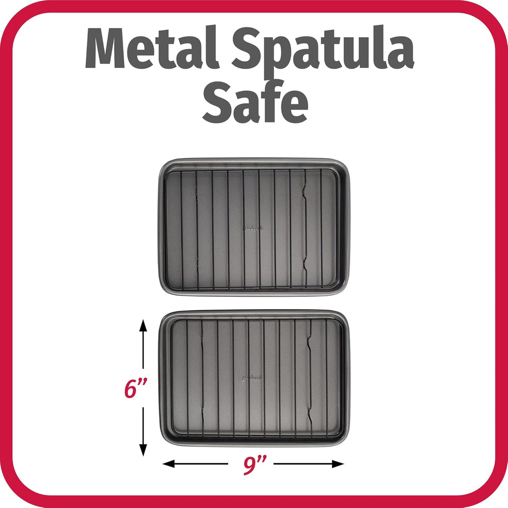 GoodCook Set of 2 Nonstick Steel 9" x 6.2" Toaster Oven Mini Baking Sheets with Racks, Gray