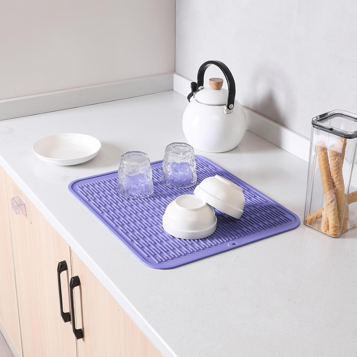 Silicone Dish Drying Mat for Multiple Usage,Easy clean,Eco-friendly,Heat-resistant Silicone Mat for Kitchen Counter or Sink,Refrigerator or Drawer Liner Light Purple 2XL 24 inches x 18 inches