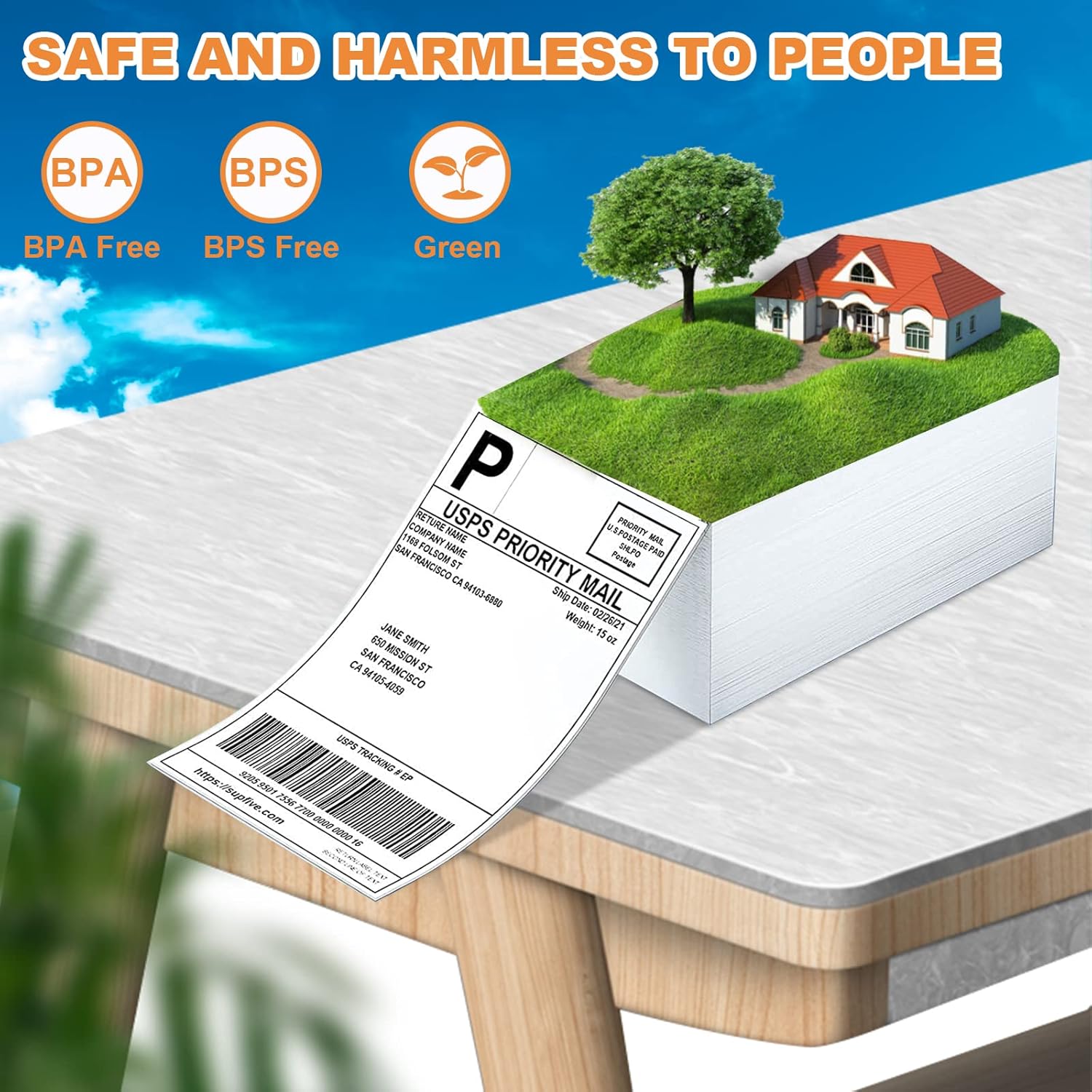 FungLam 4"x6" Shipping Labels, Fanfold, Adhesive - 1000 Direct Thermal Printer Labels